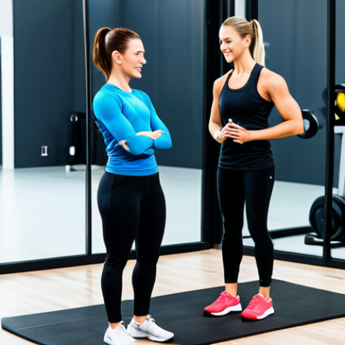 A professional female fitness coach in a modest, athletic training outfit, actively guiding a fully clothed client through a functional exercise in a bright, modern gym setting. The coach demonstrates perfect form with natural body proportions and offers positive encouragement. The background features a clean, well-lit studio with fitness equipment and a subtle digital display showing performance metrics. This image represents the blend of traditional and technology-driven personal training. safe for work, appropriate content, fully clothed, professional dress, perfect anatomy, correct proportions, natural pose, well-formed hands, proper finger count, natural body proportions.
