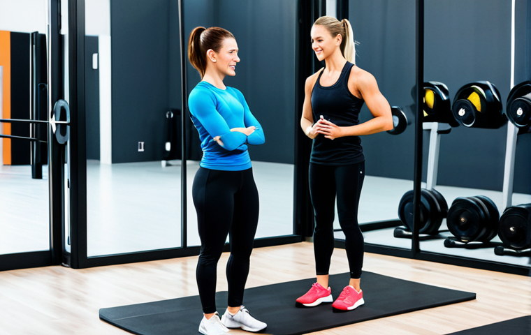 A professional female fitness coach in a modest, athletic training outfit, actively guiding a fully clothed client through a functional exercise in a bright, modern gym setting. The coach demonstrates perfect form with natural body proportions and offers positive encouragement. The background features a clean, well-lit studio with fitness equipment and a subtle digital display showing performance metrics. This image represents the blend of traditional and technology-driven personal training. safe for work, appropriate content, fully clothed, professional dress, perfect anatomy, correct proportions, natural pose, well-formed hands, proper finger count, natural body proportions.