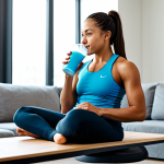 A professional athlete in modest, modern athletic wear, fully clothed, sitting comfortably in a bright, clean recovery lounge. They are holding a protein shake and a large water bottle, taking a sip, with a relaxed and healthy expression. On a nearby table, there are healthy snacks like fruit. The scene conveys post-workout replenishment and well-being. The image is a professional photograph, high quality, with natural light, perfect anatomy, correct proportions, natural pose, well-formed hands, proper finger count, and natural body proportions. This content is safe for work, appropriate content, and family-friendly.