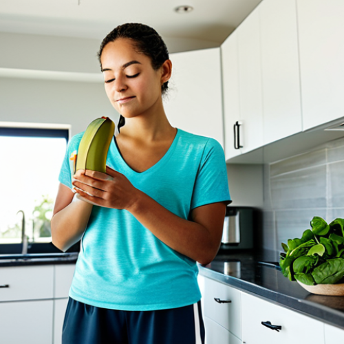 A fit and healthy young adult, fully clothed in comfortable, modest athletic wear, gently placing fresh, vibrant fruits like bananas and avocados, and leafy greens such as spinach, into a large glass bowl in a sunlit, clean, and modern kitchen. A glass of water and a sports bottle are visible on the countertop. Professional photography, high resolution, sharp focus, natural lighting, perfect anatomy, correct proportions, natural pose, well-formed hands, proper finger count, natural body proportions. Safe for work, appropriate content, fully clothed, modest clothing, appropriate attire, family-friendly, professional.