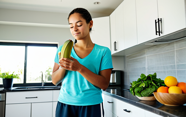 A fit and healthy young adult, fully clothed in comfortable, modest athletic wear, gently placing fresh, vibrant fruits like bananas and avocados, and leafy greens such as spinach, into a large glass bowl in a sunlit, clean, and modern kitchen. A glass of water and a sports bottle are visible on the countertop. Professional photography, high resolution, sharp focus, natural lighting, perfect anatomy, correct proportions, natural pose, well-formed hands, proper finger count, natural body proportions. Safe for work, appropriate content, fully clothed, modest clothing, appropriate attire, family-friendly, professional.