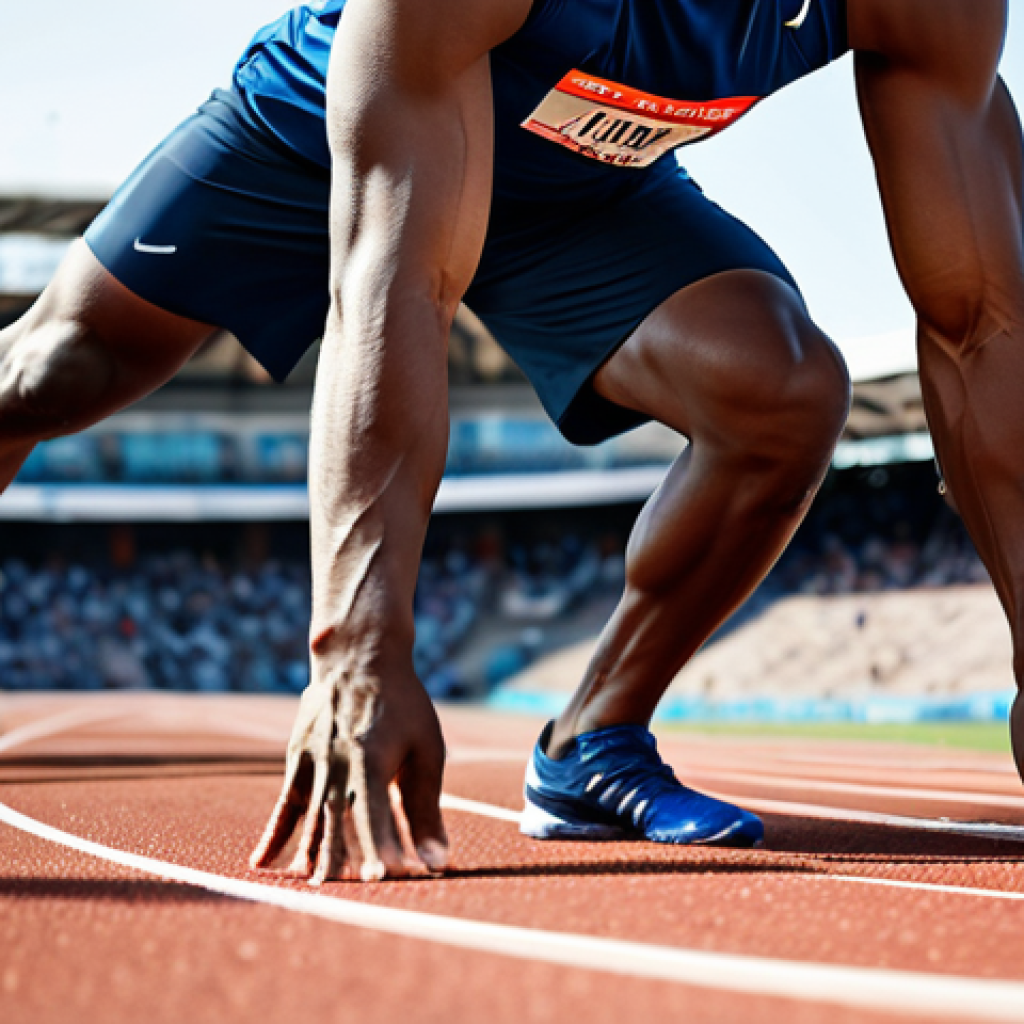Focused Sprinter**

A fully clothed athlete in professional athletic attire is intensely focused at the starting line of a track. The scene emphasizes concentration and preparation. The runner is in a balanced starting stance, with well-formed hands and proper finger count. Background features include a blurred track and stadium. Safe for work, appropriate content, professional, modest, perfect anatomy, natural proportions.

**