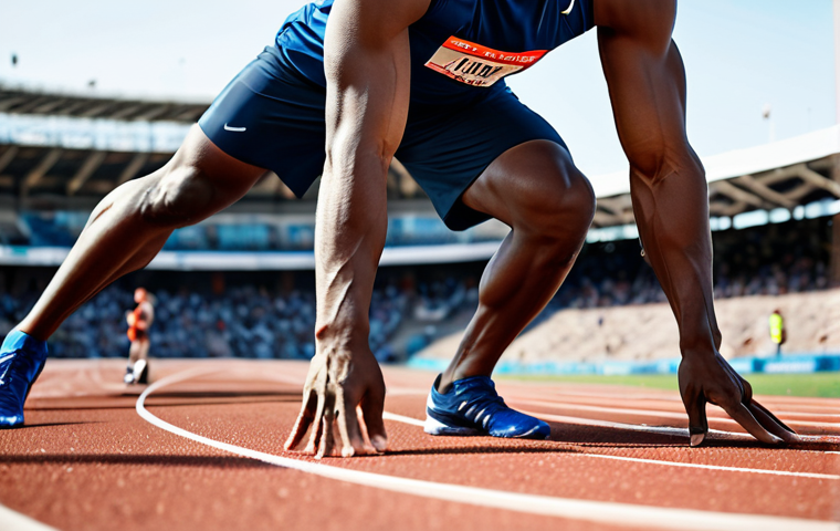 Focused Sprinter**
A fully clothed athlete in professional athletic attire is intensely focused at the starting line of a track. The scene emphasizes concentration and preparation. The runner is in a balanced starting stance, with well-formed hands and proper finger count. Background features include a blurred track and stadium. Safe for work, appropriate content, professional, modest, perfect anatomy, natural proportions.
**