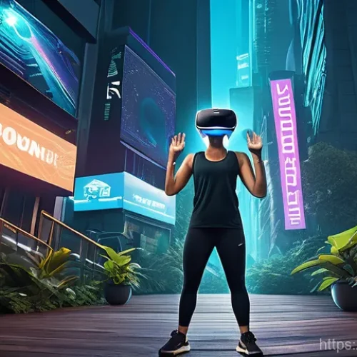 Home 23 피트니스 트렌드 변화 - **Immersive VR Fitness Adventure**
Generate a high-definition, realistic image of a young adult,...