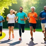 운동과 면역체계 관계 - **Prompt:** A dynamic, vibrant illustration of a diverse group of people (men and women, varying age...