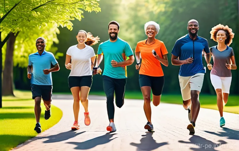 운동과 면역체계 관계 - **Prompt:** A dynamic, vibrant illustration of a diverse group of people (men and women, varying age...